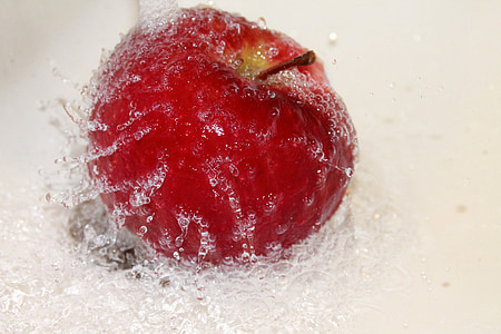 яблоко, красный, мокрый, брызги воды, воды, фрукты, питание