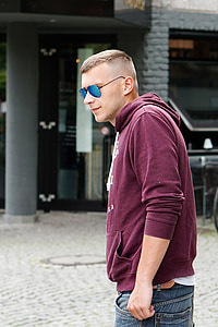 man, sunglasses, cologne, young man, jumper, jeans, sweater