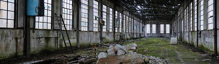 ruin, hall, lapsed, decay, leave, old factory, flyers