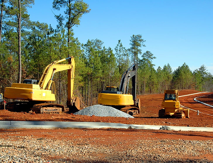construction site, bulldozer, backhoe, heavy equipment, construction, industry, site