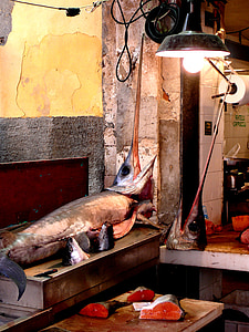 Sirakuze, tradicionalna ribiška, mečarice, Sicilija, ribe, ribič, ribe shop