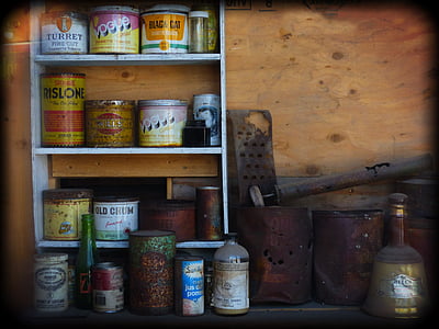 latas de metal, tienda de comestibles, Holga, hombre muerto, Rancho, antigua, edificios