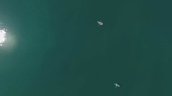 two, person, riding, canoe, aerial, sea, ocean