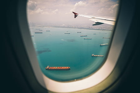 Foto, mostrando, avión, ala, ventana, línea aérea, viajes