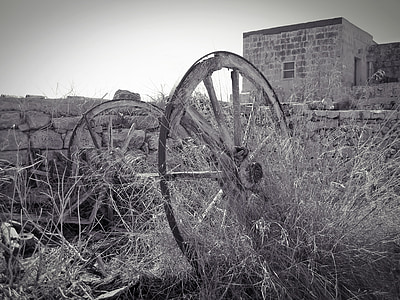 cart, wheel, old, farm, buildings, wooden, rural