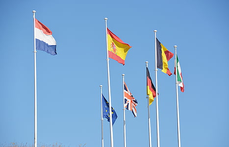 bandeiras, país, Estados-Membros, das Nações, vento, céu, azul