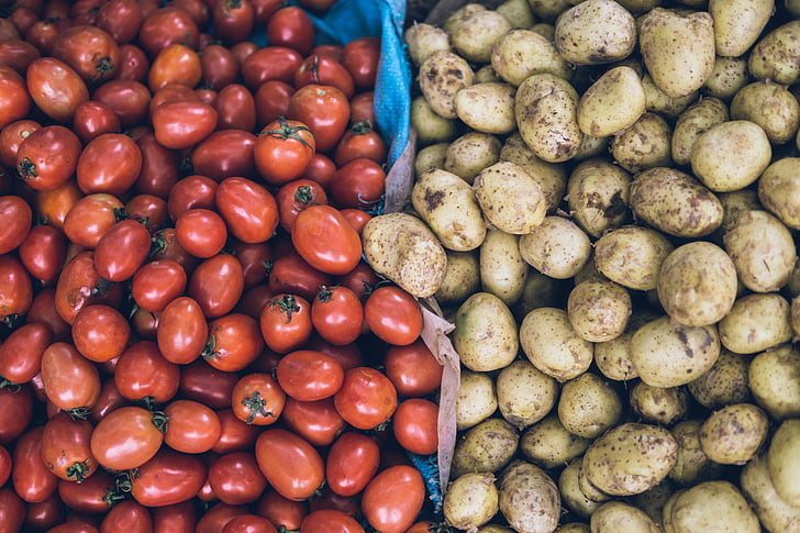 rinkos, maisto, vaisių, krakmolo, raudona, pomidorai, bulvės