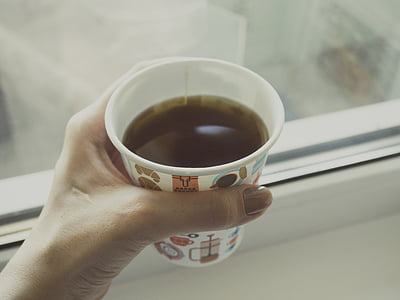 커피, 컵, 음료, 손, 들고, 핫, 아침