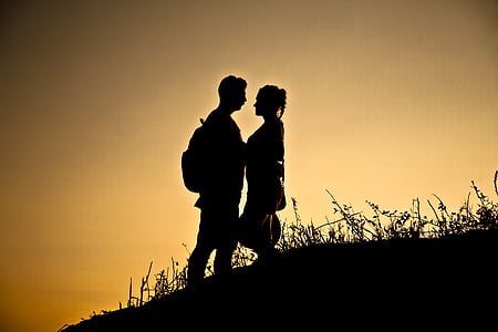 silhouette, love, sunset, landscape, women's, male, two people
