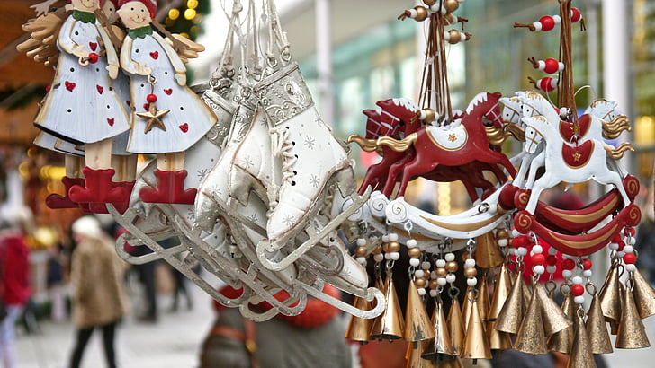 Kerstmarkt, markt, kleurrijke, schaatsen, engel, verkoop stand, komst