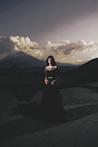 Amazing, meisje, Panajachel, wolken, jurk, vulkanen, dag