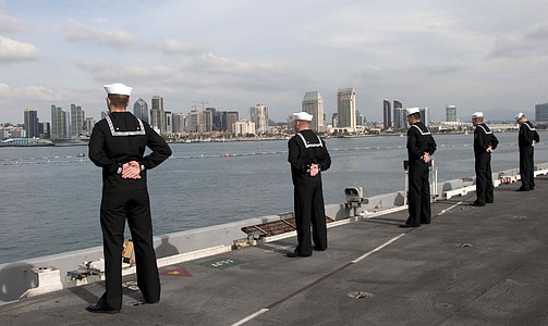 sailors, ship, parade rest, standing, harbor, vessel, navy