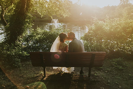 newlywed, kissing, brown, wooden, bench, front, lake