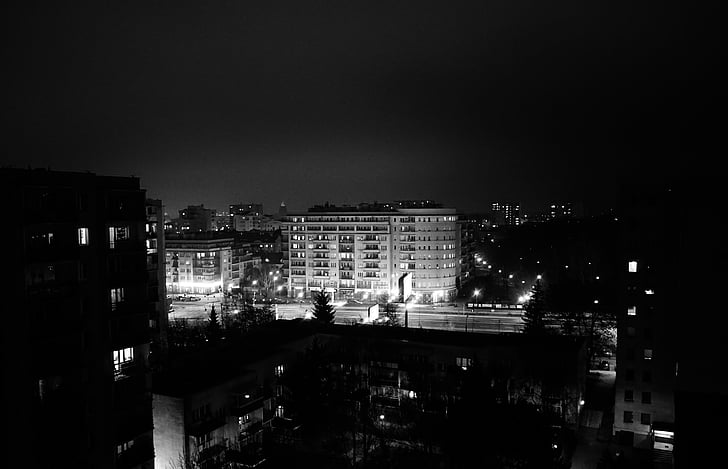 het platform, zwart-wit, gebouwen, stad, Citylights, stadsgezicht, donker