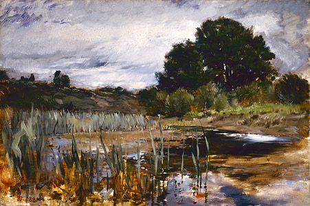 Frank duceneck, pintura, arte, óleo sobre lienzo paisaje, estanque, naturaleza, cielo