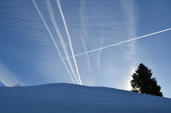 Contrail, zimowe, niebo, samolot