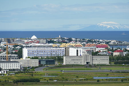 Reykjavik, Islandia, panorama, Iglesia, Hallgrímskirkja, montañas, Atlántico