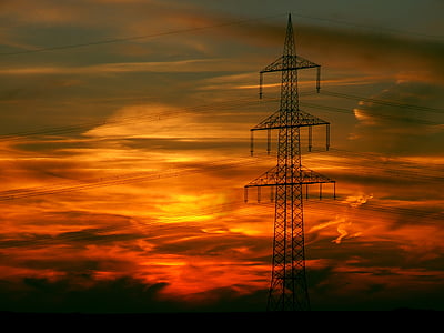 coucher de soleil, Afterglow, paysage, technologie, énergie, industrie de l’énergie, poteaux électriques