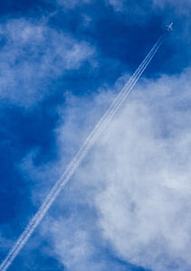 jet, stream, daytime, blue, sky, clouds, airplane
