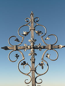 križ, željezo, rešetke, ukras, metala, nebo, vjera