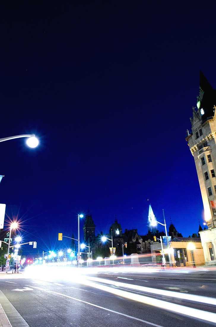 verlichting, licht paden, Ottawa, verkeer, nacht, gloed, historische