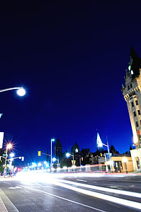 llums, camins de llum, Ottawa, trànsit, nit, resplendor, històric