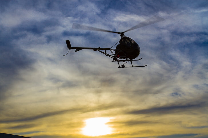 helicopter, against light, sky, clouds, eventide, fly