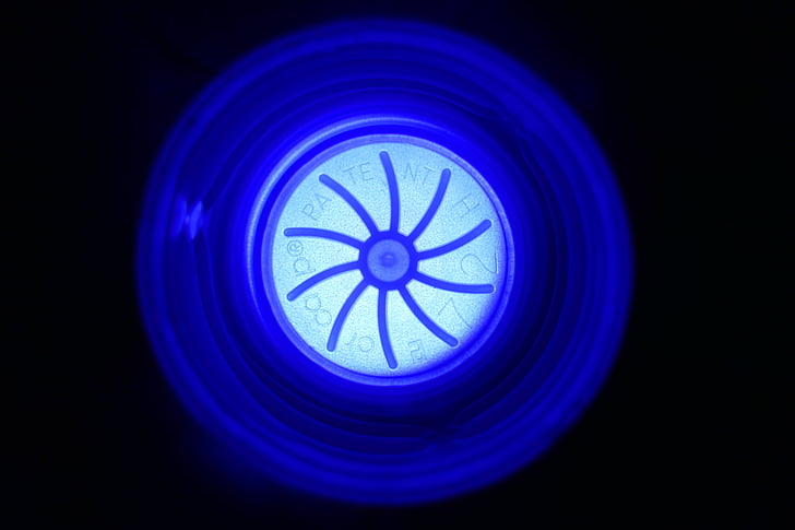garrafa PET, tampas de garrafa, iluminado, azul, círculo, símbolo