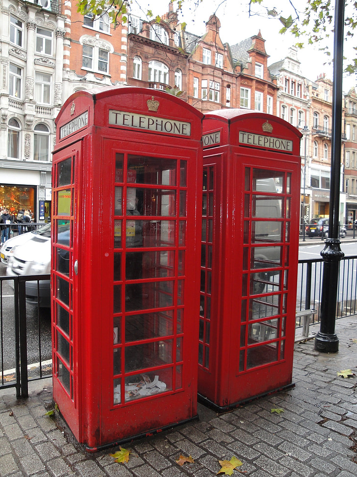 Лондон, червен, телефон, щанд, Англия, британски, пътуване
