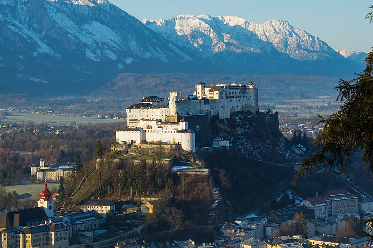Salzburg, Österrike, soluppgång, morgenstimmung, gamla stan, Mönchberg, Kapuzinerberg