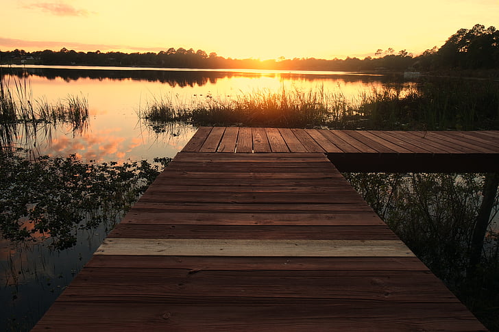 brown, wooden, bridge, body, water, sunset, lakes