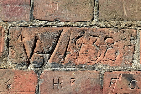 wall, red, brick, plaster, cement, writing, carving