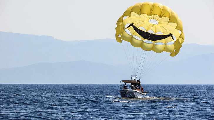 padobran, padobransko jedrenje, žuta, balon, osmijeh, nebo, sportski