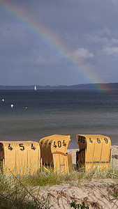 baltic sea, sea, water, beach, beach chair, rainbow, weather