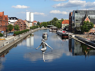 gamle by bridge, Bydgoszcz, Canal, floden, statue, skulptur, Acrobat