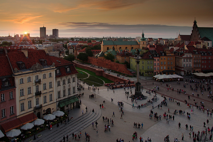 Warszawa, gamlebyen, solnedgang, kveld, Polen, monumenter, turisme