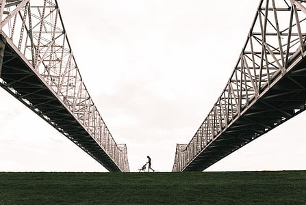 photo, person, pushing, stroller, bridge, steel, suspension bridge