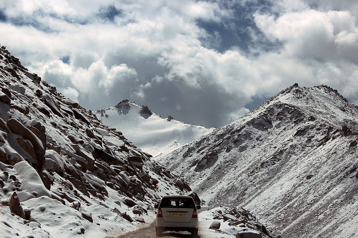 snow, road, mountains, sky, clouds, winter, car