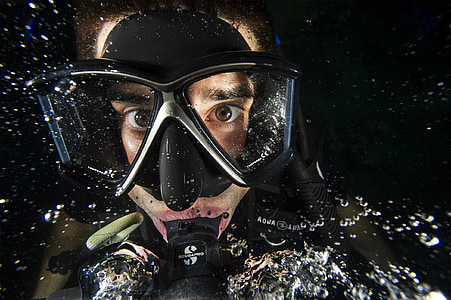 scafandru, om, înotător, apa, ochelari de protecţie, oxigen, Close-up