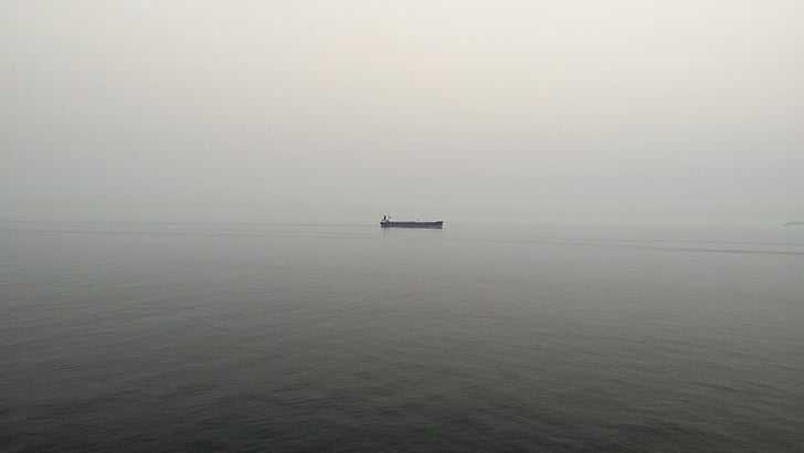 Черно-бели, лодка, рибар, мъгливо, мъгла, океан, море