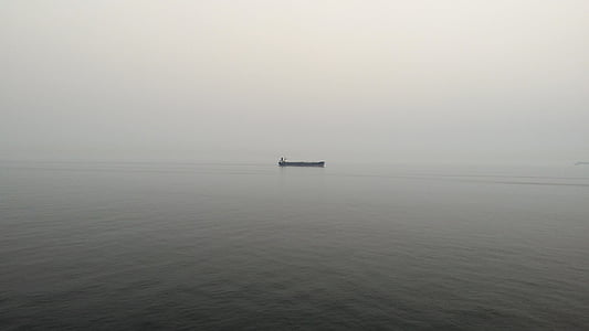 svartvit, båt, fiskaren, dimmigt, dimma, Ocean, havet