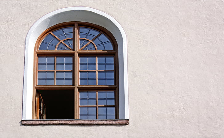 jendela, jendela kayu, jendela melengkung, lengkungan putaran, jendela kaca, lama, secara historis