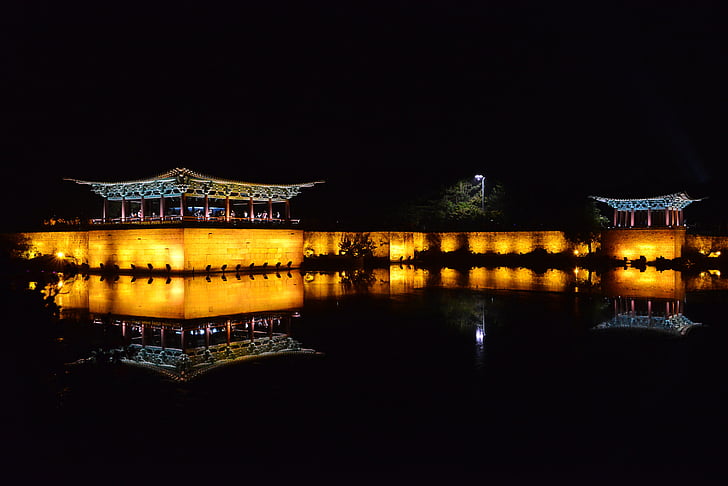 vista de noche, carreras, anapji, República de Corea, antigua, azulejo de azotea, estanque