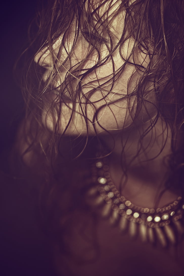 wetlook, closeup, portrait, art, woman, hair, necklace