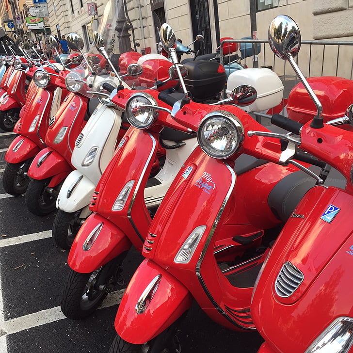 vehicle, rome, motorcycle, vespa, red, parking