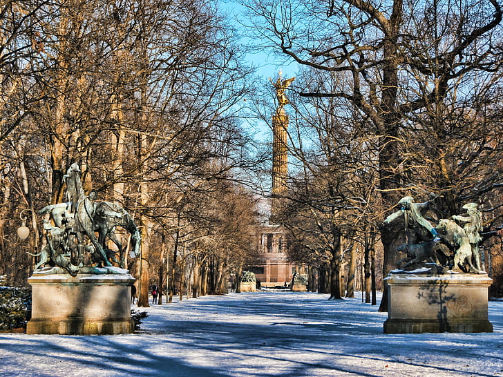 Park, Kış, Siegessäule, Tiergarten, Berlin, kar, ağaçlar