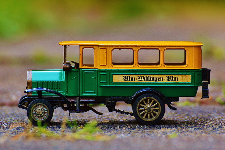 autobus, uno, Automatico, modello, Oldtimer, verde, giallo