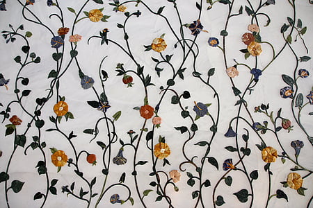 Branco, floral, imprimir, matéria têxtil, Índia, padrão, tajmahal