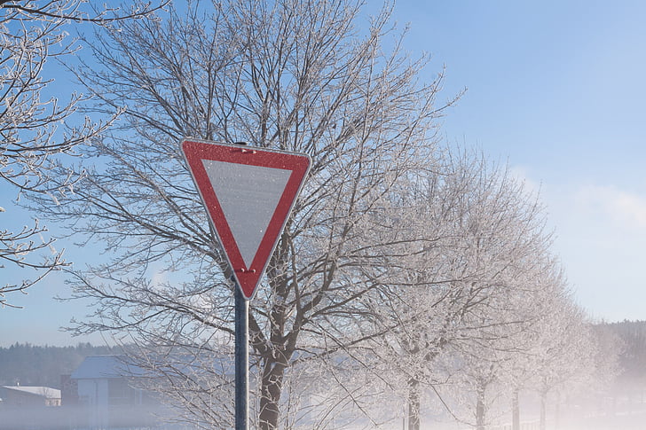 traffic sign, winter, hoarfrost, fog, snow, warning, characters