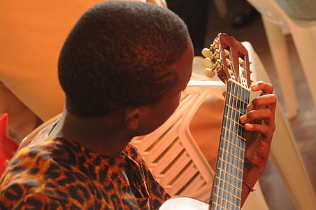 escola de música, guitarra, aprendizagem, crianças, Africano